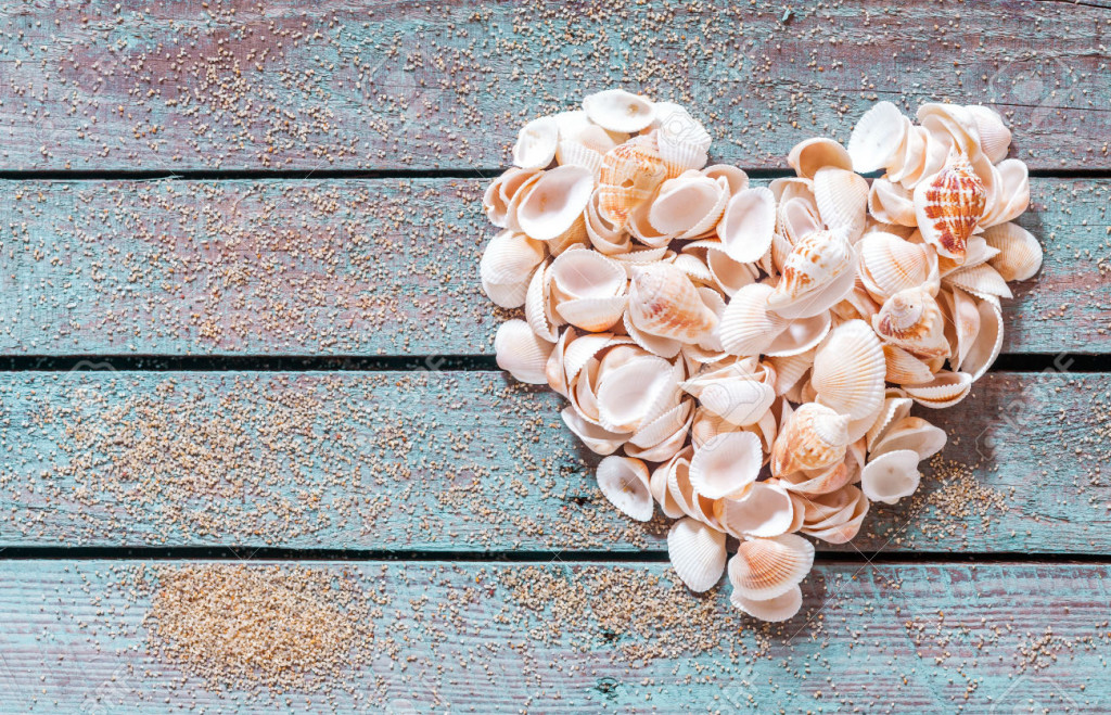 26700852-Beautiful-seashell-heart-formed-of-multiple-small-bivalves-cones-and-conches-on-rustic-weathered-woo-Stock-Photo